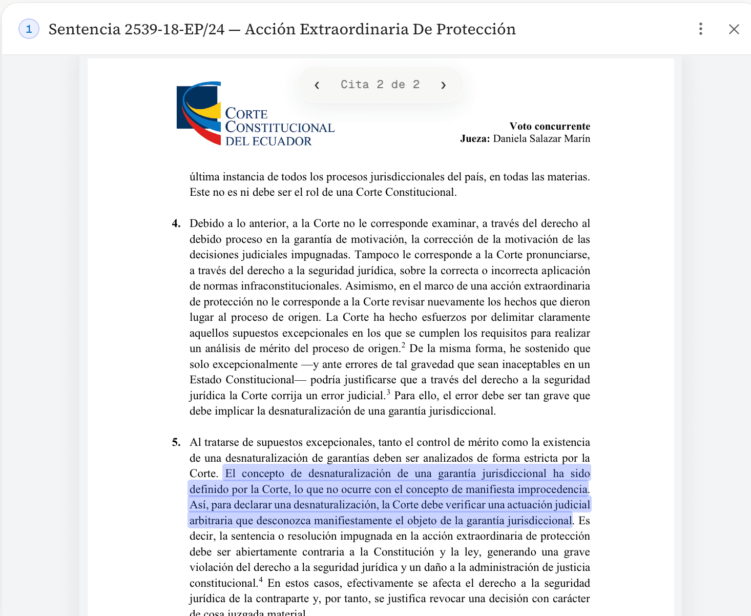 Panel de la app con el voto concurrente de la jueza Daniela Salazar Marín en la Sentencia 2539-18-EP/24: párrafo 5, con la definición de desnaturalización resaltada