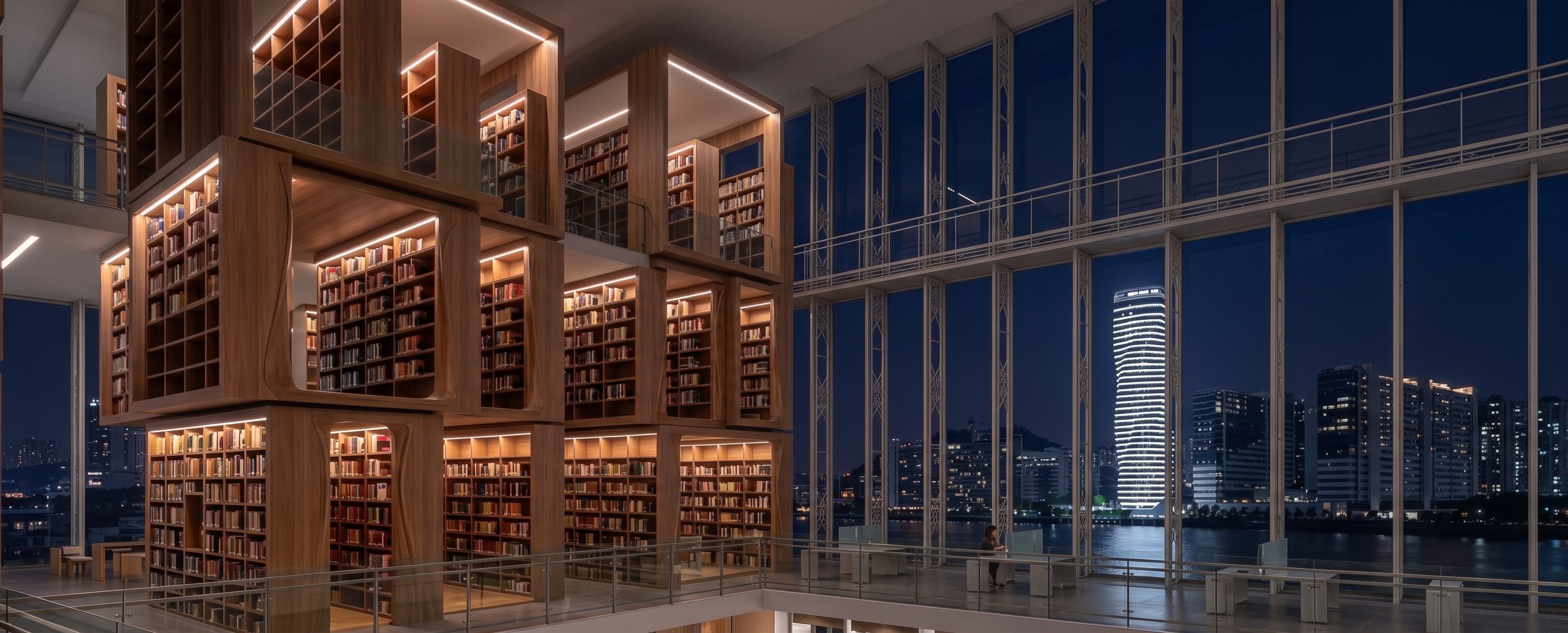 Biblioteca contemporánea de noche, con la ciudad iluminada al otro lado del ventanal