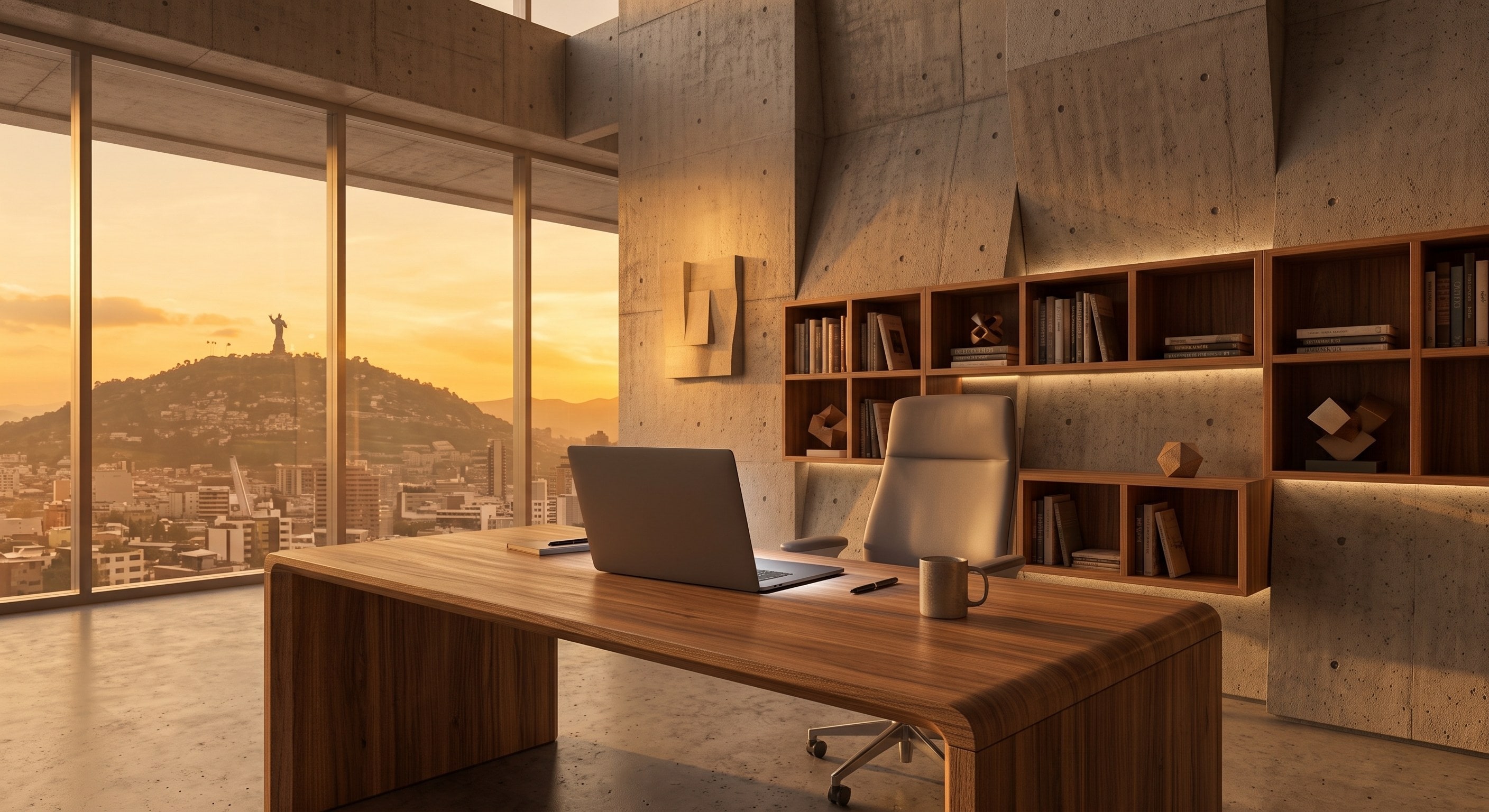 Despacho contemporáneo de madera y hormigón al atardecer, con vista a la ciudad