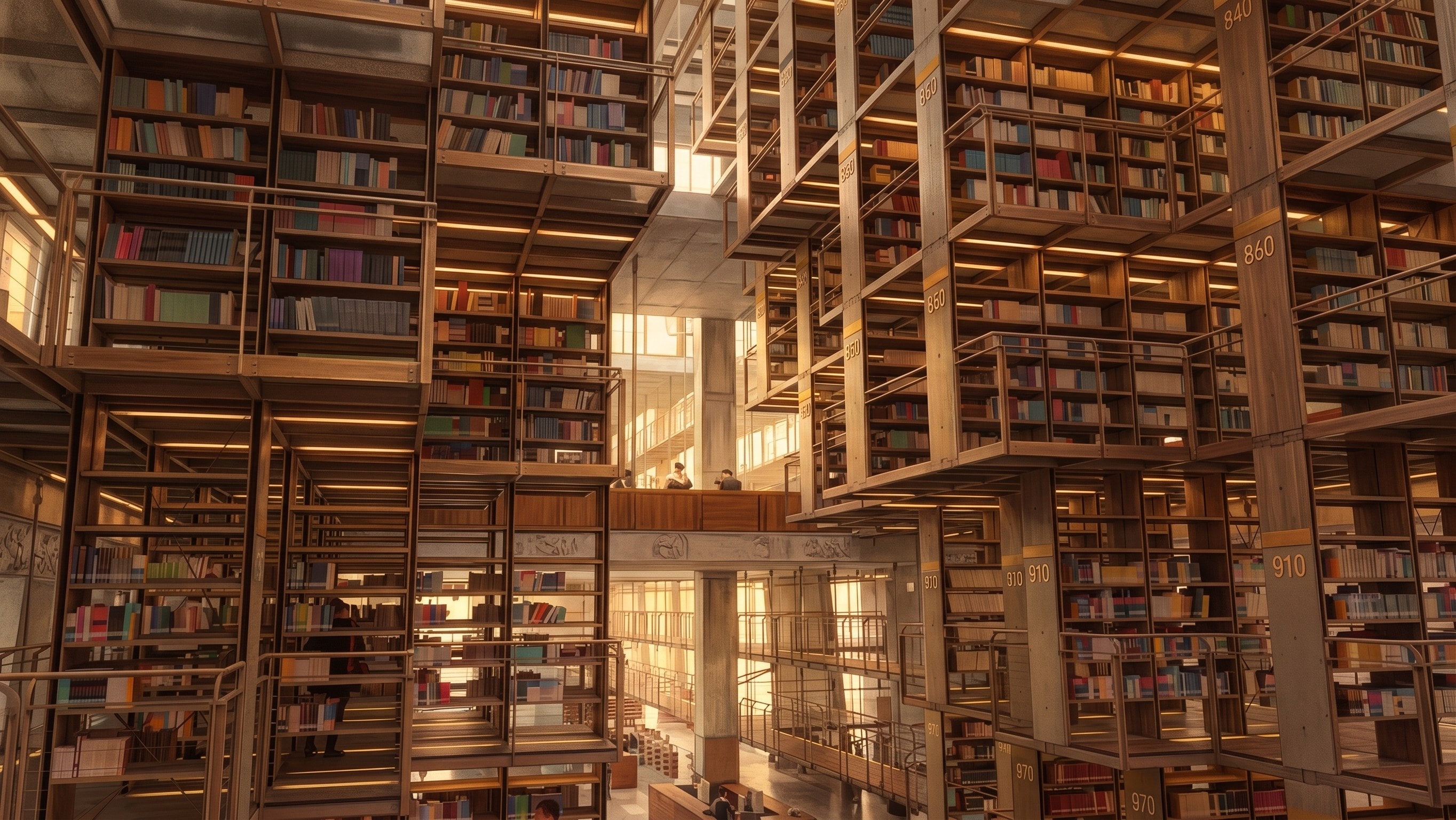 Interior de una biblioteca contemporánea de madera y acero, con luz cálida de tarde