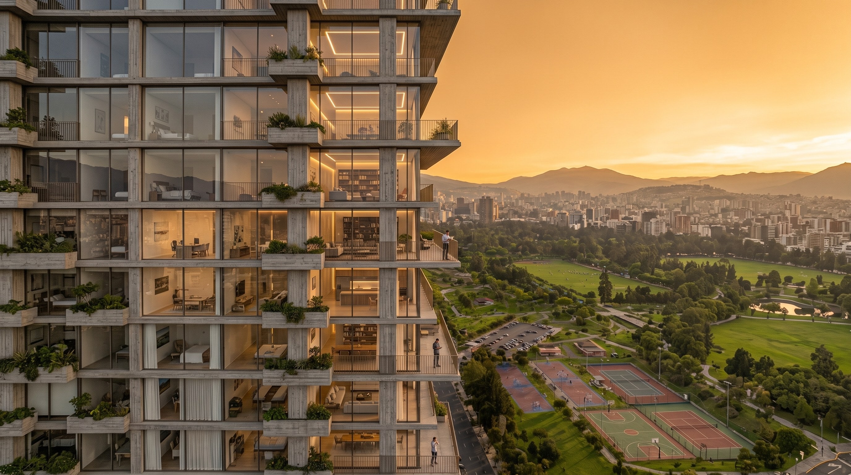 Edificio contemporáneo de Quito al atardecer, con el valle y la ciudad al fondo